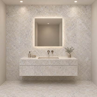 Platinum Honed Marble Wall & Floor Tiles: installed on a windowless bathroom vanity wall