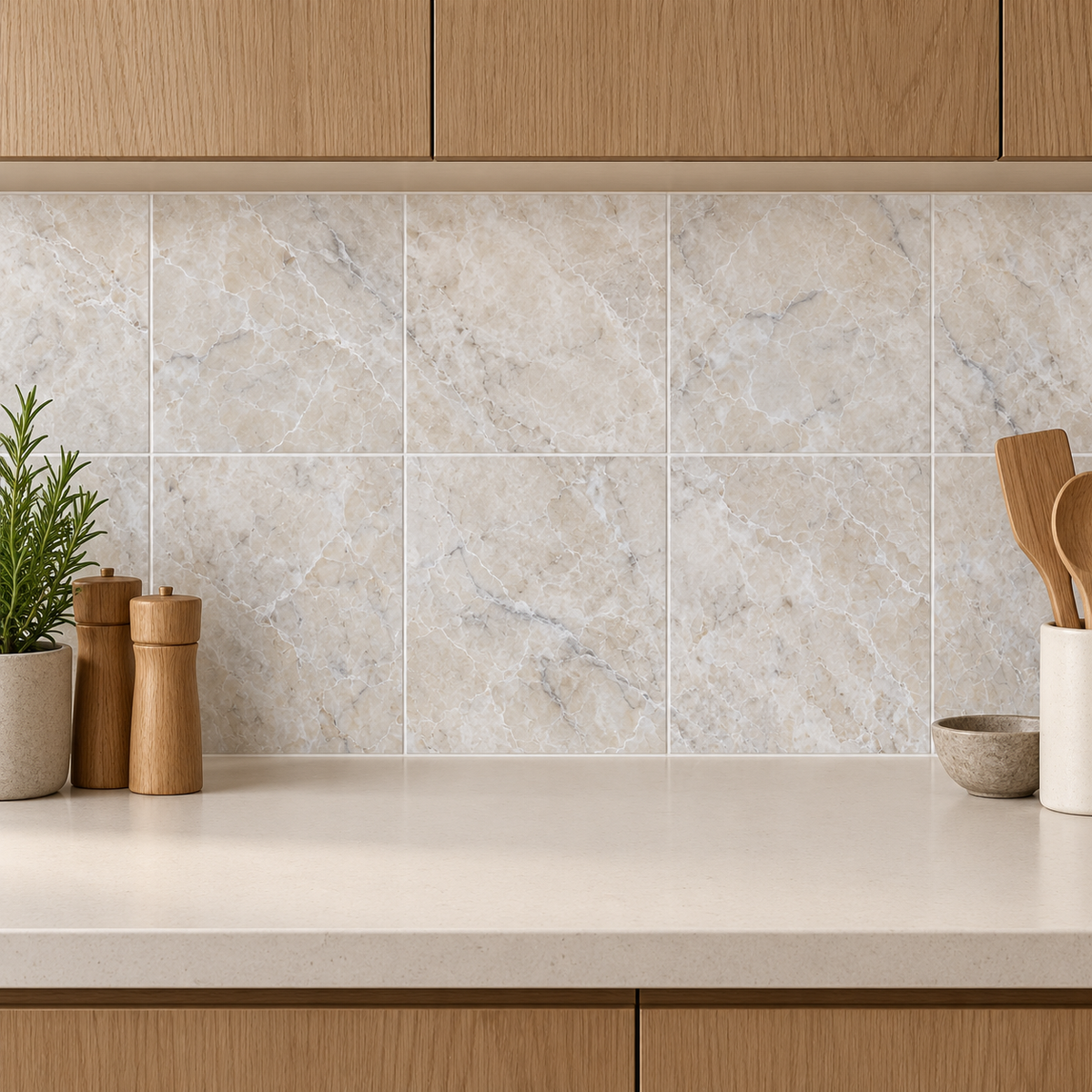 Platinum Honed Marble Wall & Floor Tiles: installed as a kitchen splashback