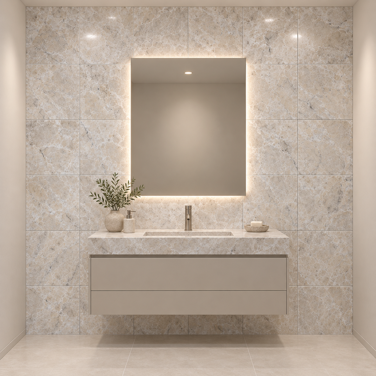 Platinum Polished Marble Wall & Floor Tiles: installed on a windowless bathroom vanity wall