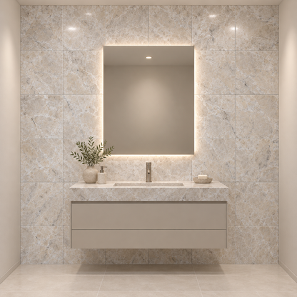 Platinum Polished Marble Wall & Floor Tiles: installed on a windowless bathroom vanity wall