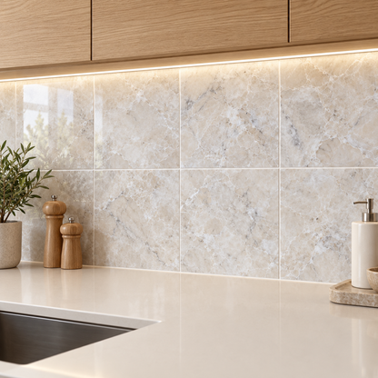 Platinum Polished Marble Wall & Floor Tiles: installed as a kitchen splashback