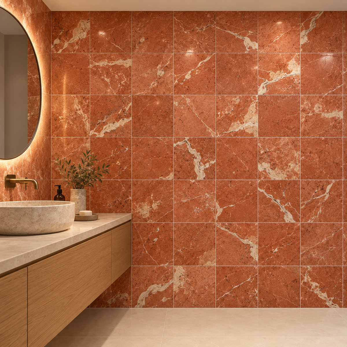 Rojo Alicante Polished Red Marble Wall & Floor Tiles: installed on a windowless bathroom vanity wall
