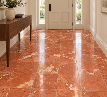 Rojo Alicante Polished Red Marble Wall & Floor Tiles: installed on an entrance hallway floor