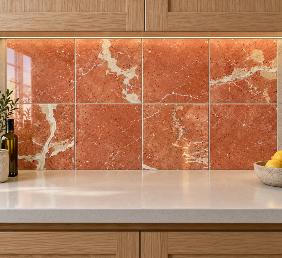 Rojo Alicante Polished Red Marble Wall & Floor Tiles: installed as a kitchen splashback