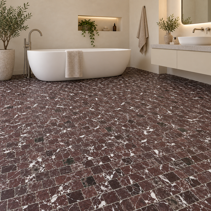 Rosso Levanto Honed Rustic Edge Square Mosaic Tile — mosaic floor in a windowless bathroom