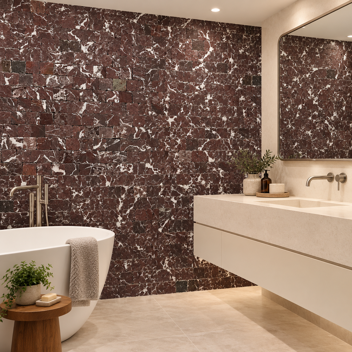 Rosso Levanto Honed Rustic Edge Square Mosaic Tile — mosaic feature wall in a windowless bathroom