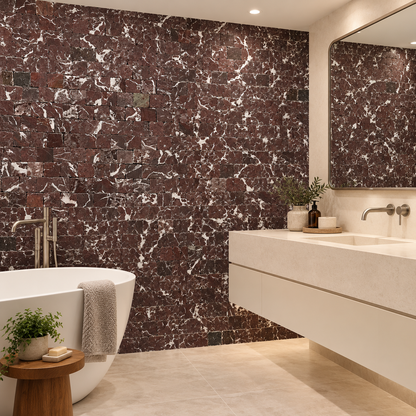 Rosso Levanto Honed Rustic Edge Square Mosaic Tile — mosaic feature wall in a windowless bathroom