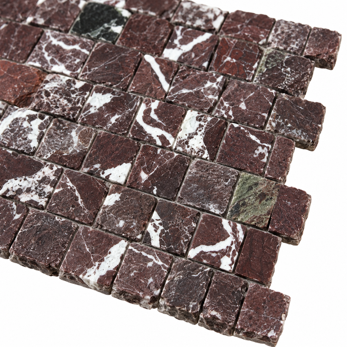 Rosso Levanto Honed Rustic Edge Square Mosaic Tile — macro detail of natural stone texture and mosaic joints