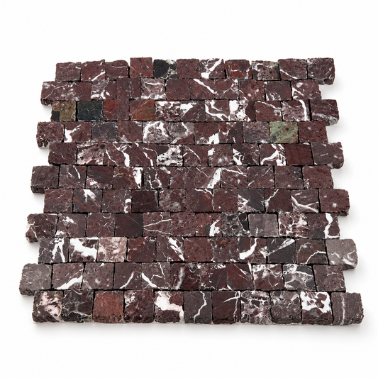 Rosso Levanto Honed Rustic Edge Square Mosaic Tile — angled sheet showing natural stone edges and mesh backing