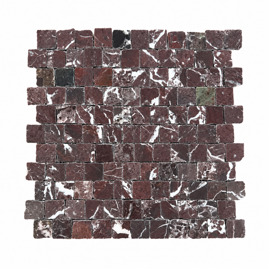 Rosso Levanto Honed Rustic Edge Square Mosaic Tile — complete mesh-mounted sheet on white