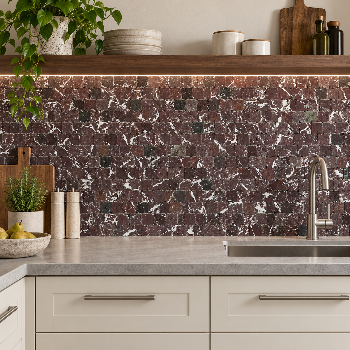 Rosso Levanto Honed Rustic Edge Square Mosaic Tile — natural stone mosaic kitchen splashback