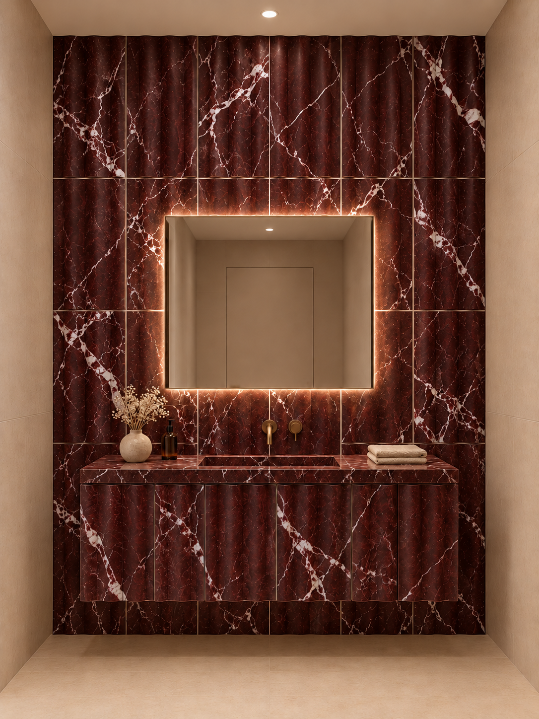 Rosso Levanto Wave Marble Tile (305 mm x 610 mm): installed on a windowless bathroom vanity accent wall