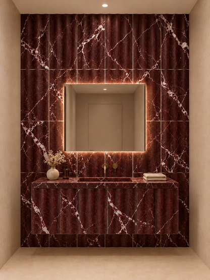 Rosso Levanto Wave Marble Tile (305 mm x 610 mm): installed on a windowless bathroom vanity accent wall