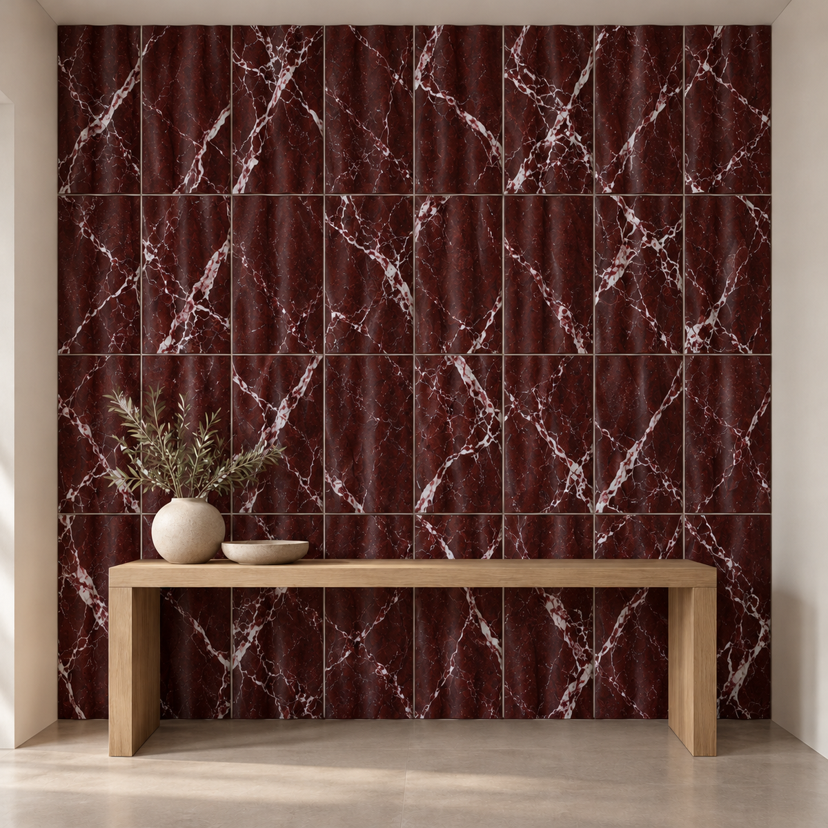 Rosso Levanto Wave Marble Tile (305 mm x 610 mm): installed on an entrance hallway accent wall