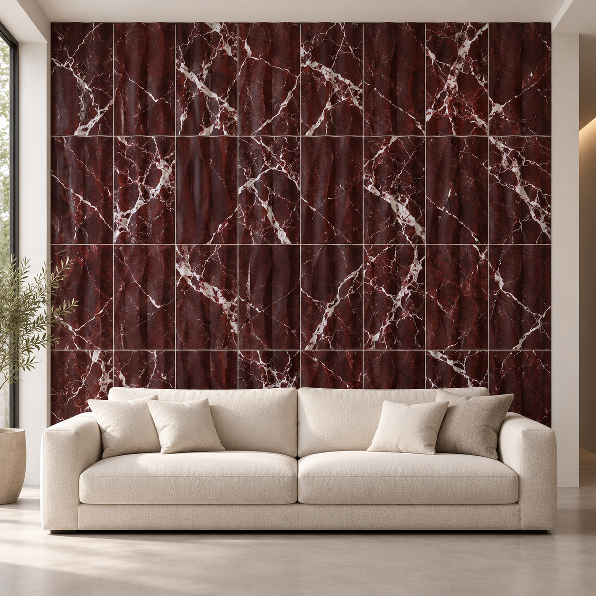 Rosso Levanto Wave Marble Tile (305 mm x 610 mm): installed on a living room accent wall