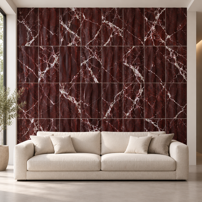 Rosso Levanto Wave Marble Tile (305 mm x 610 mm): installed on a living room accent wall