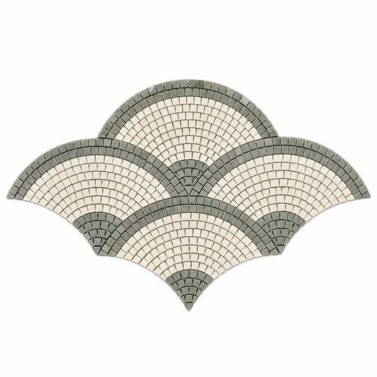 Rustic Green - Creamy Beige Outline Fan / Scallop Honed Limestone Mosaic Tile — complete mesh-mounted sheet on white
