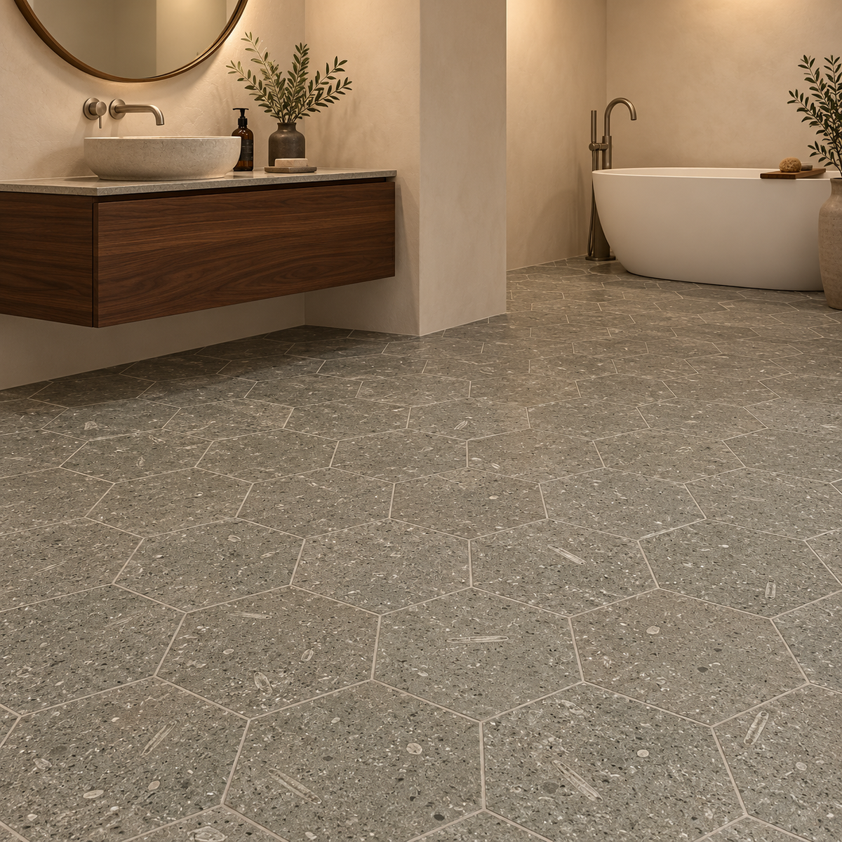 Rustic Green honed limestone hexagon floor tiles in a windowless bathroom with a walnut vanity