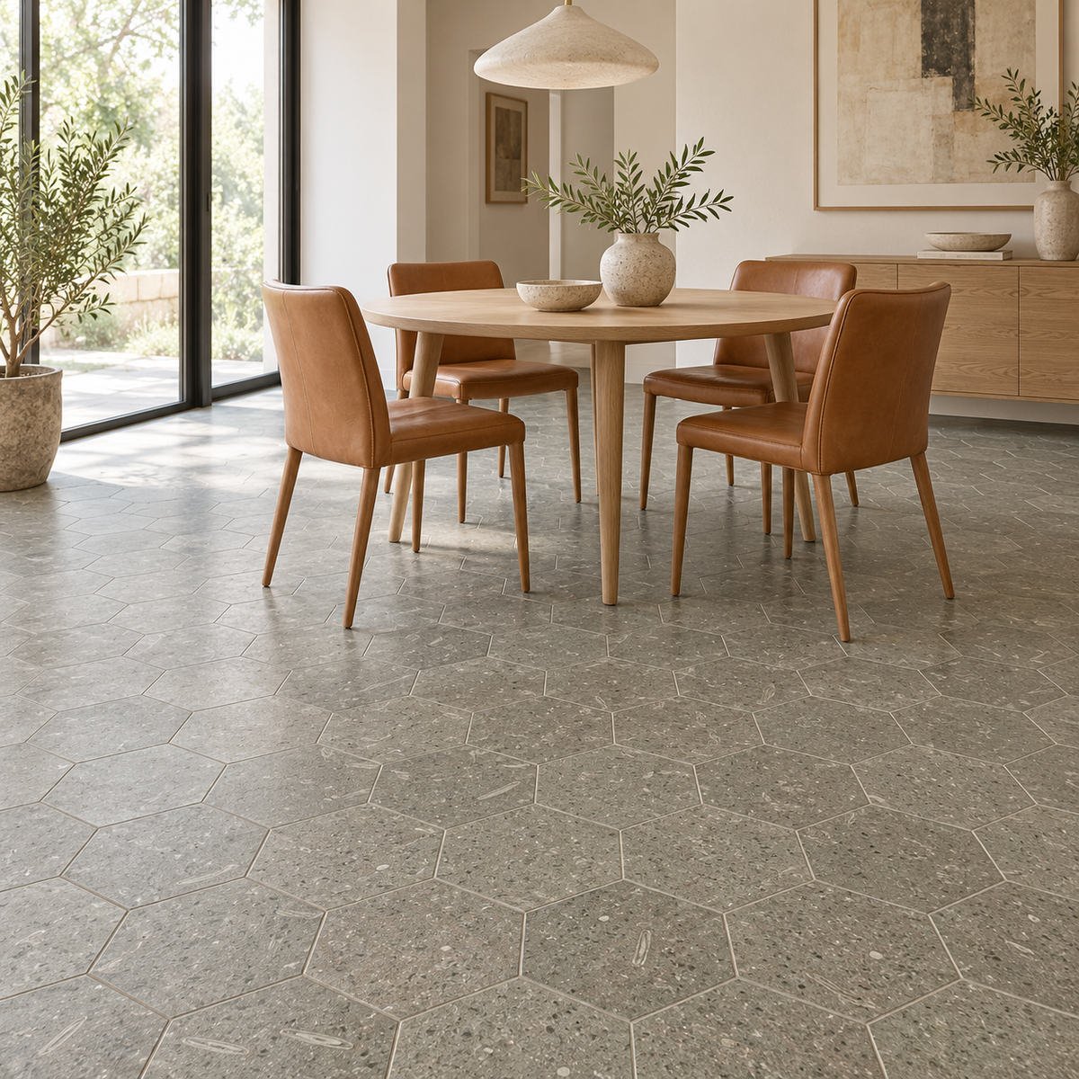 Rustic Green honed limestone hexagon floor tiles in a dining room with oak furniture and tan chairs