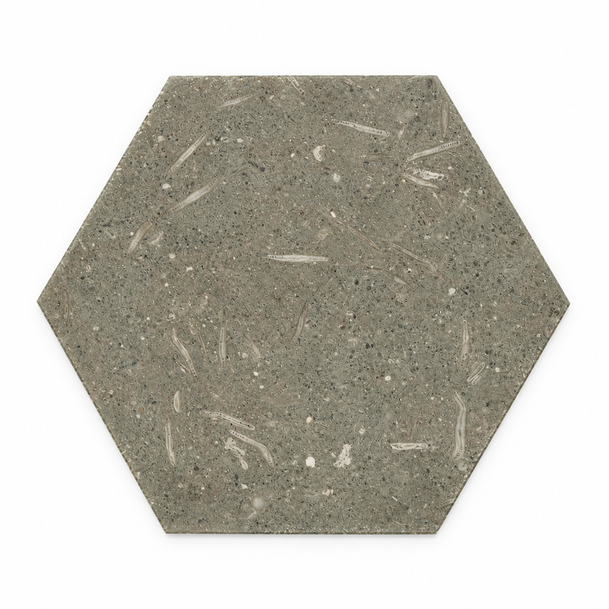 Rustic Green honed limestone hexagon tile, 203 x 176 mm, front view showing natural fossil markings