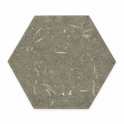 Rustic Green honed limestone hexagon tile, 203 x 176 mm, front view showing natural fossil markings