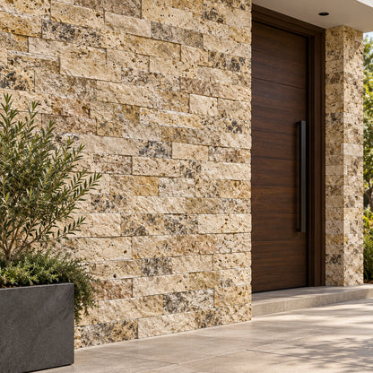 Scabos Travertine split face wall cladding beside a dark timber door and planter in an exterior entrance visualisation.
