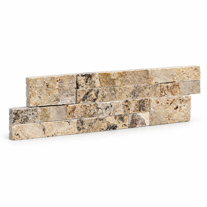Angled view of a scabos travertine split face ledger panel with stepped ends on a white background.