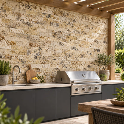 Scabos Travertine split face wall cladding behind a barbecue and sink in a sheltered outdoor kitchen visualisation.