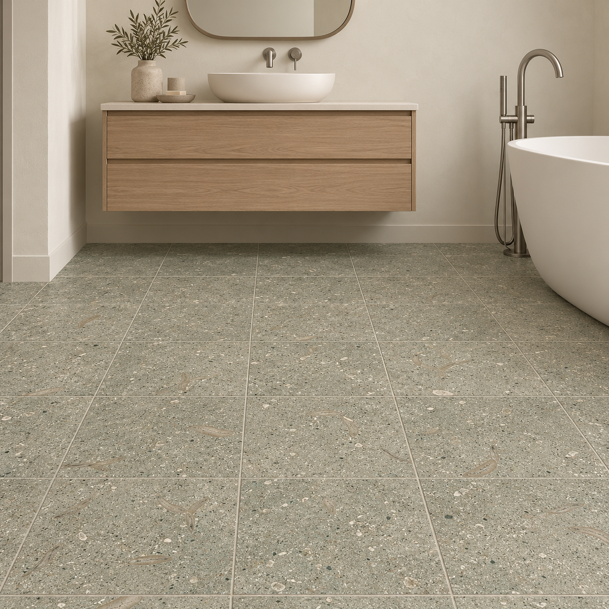 Seagrass honed limestone bathroom floor with 305 x 305 mm square tiles