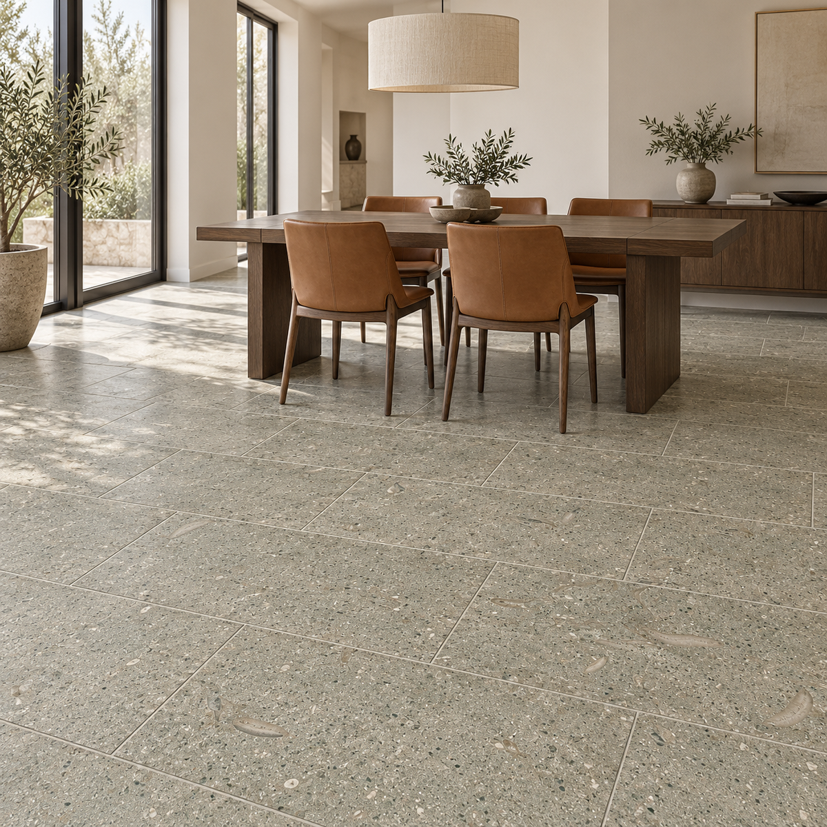 Seagrass honed limestone dining room floor with 610 x 305 mm rectangular tiles
