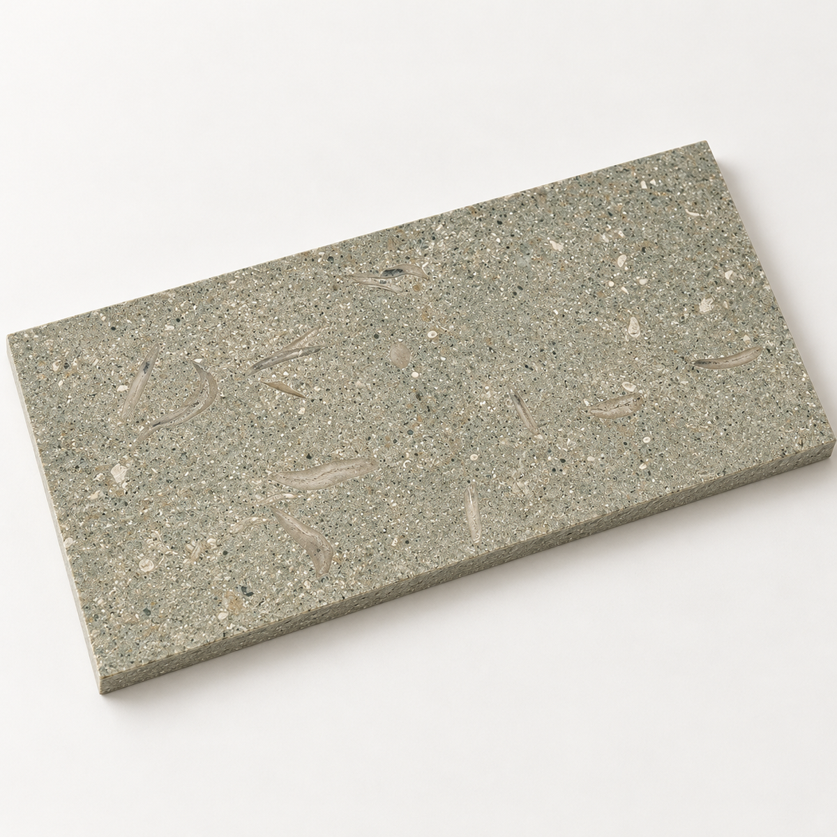 Seagrass honed limestone rectangular tile, 610 x 305 mm, angled view showing the 10 mm edge
