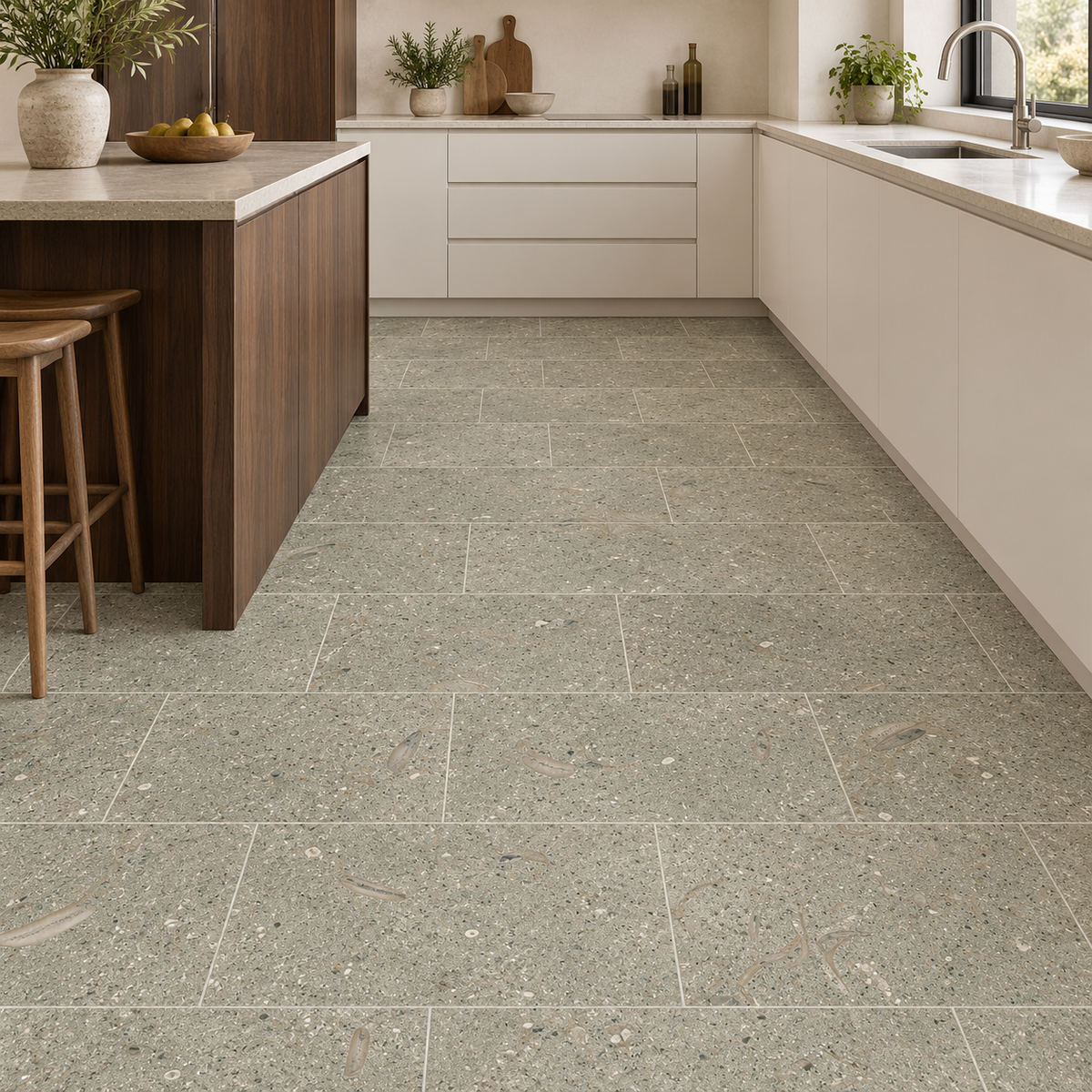 Seagrass honed limestone kitchen floor with 610 x 305 mm tiles in a brick bond layout