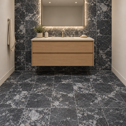 Selene Pitted Marble Wall & Floor Tiles: installed on a windowless bathroom vanity accent wall