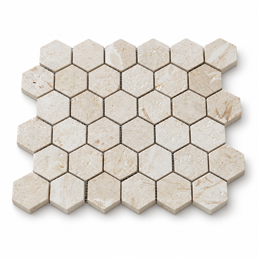 Shellstone Brushed Limestone Hexagon Mosaic Tiles 48x48 — angled sheet showing natural stone edges and mesh backing