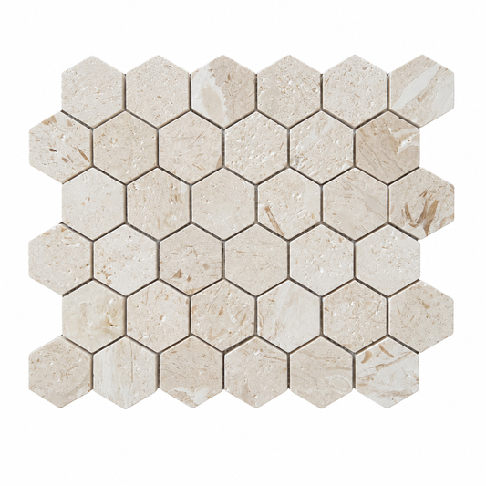 Shellstone Brushed Limestone Hexagon Mosaic Tiles 48x48 — complete mesh-mounted sheet on white