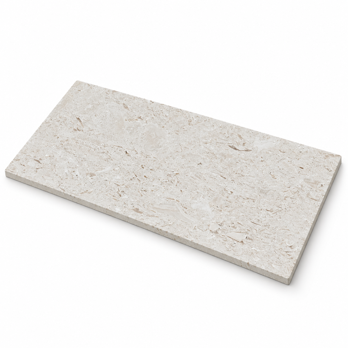 Angled view of a Shellstone brushed limestone 610 x 305 x 12 mm tile showing its fossil-rich surface and slim edge.