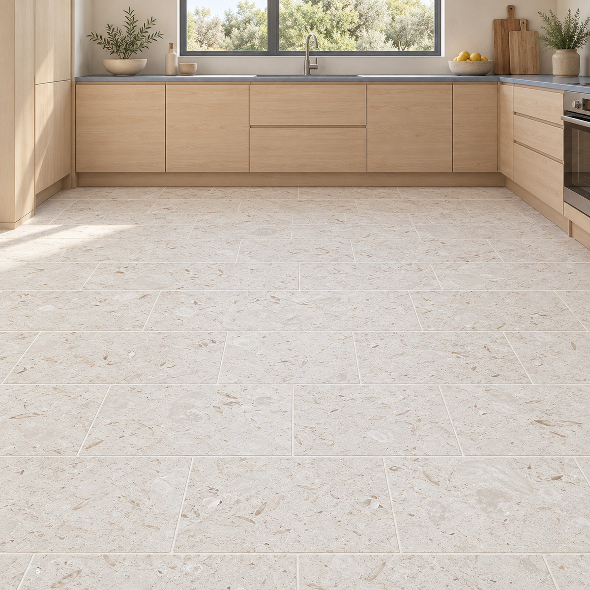 Shellstone brushed limestone 610 x 305 mm floor tiles laid in brick bond in a kitchen with pale maple cabinets.