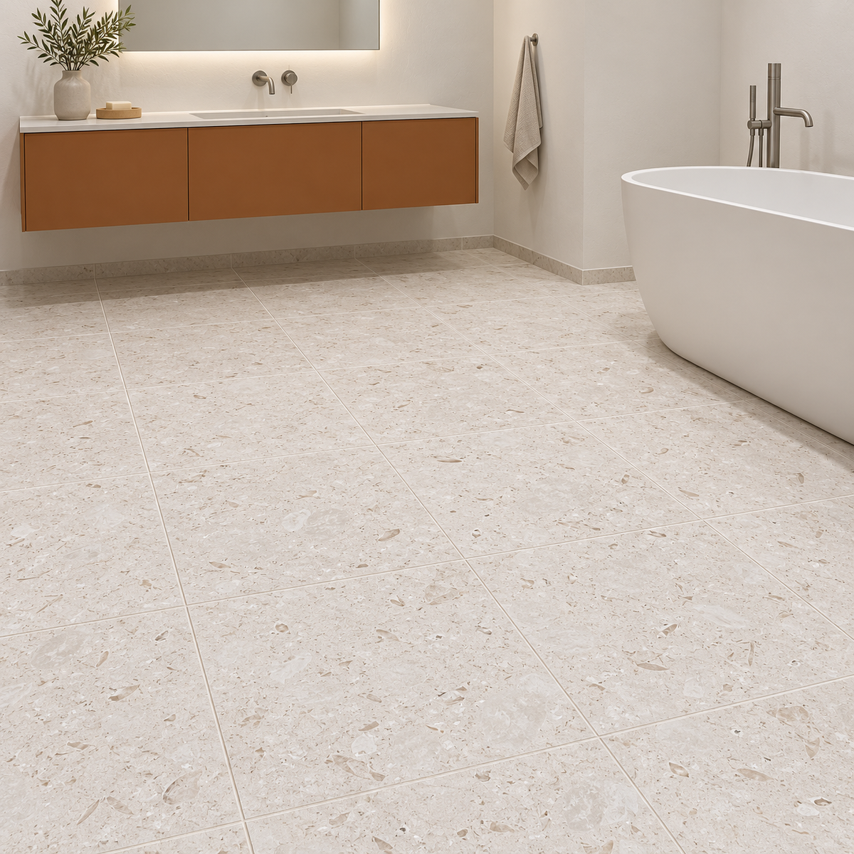 Shellstone brushed limestone 305 x 305 mm square floor tiles in a windowless bathroom with an ochre vanity.
