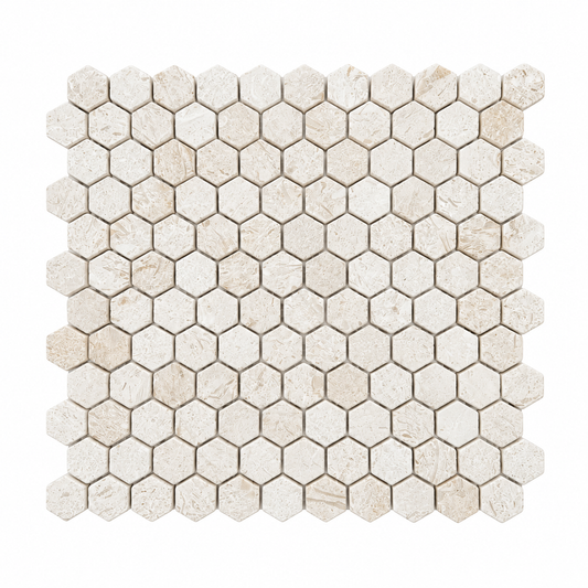 Shellstone Limestone Brushed Hexagon Mosaic Tiles 23x23 — complete mesh-mounted sheet on white