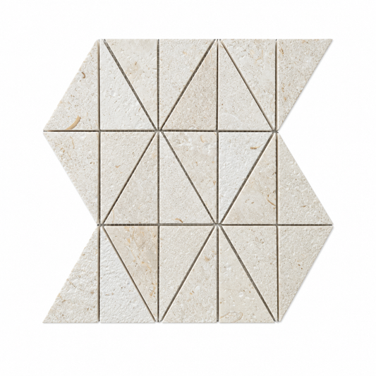 Shellstone Brushed Limestone Triangle Mosaic Tiles — complete mesh-mounted sheet on white