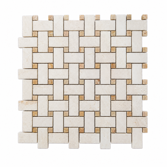 Shellstone Honed Limestone Basket Weave Mosaic Tile — complete mesh-mounted sheet on white