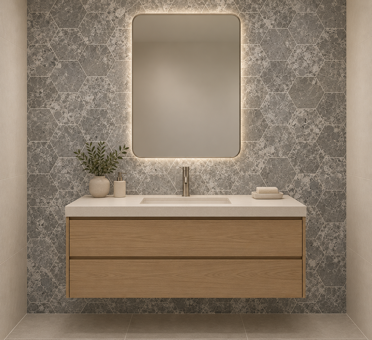 Silver Shadow Honed Hexagon Marble Wall & Floor Tiles: installed on a windowless bathroom vanity accent wall