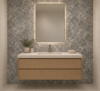 Silver Shadow Honed Hexagon Marble Wall & Floor Tiles: installed on a windowless bathroom vanity accent wall