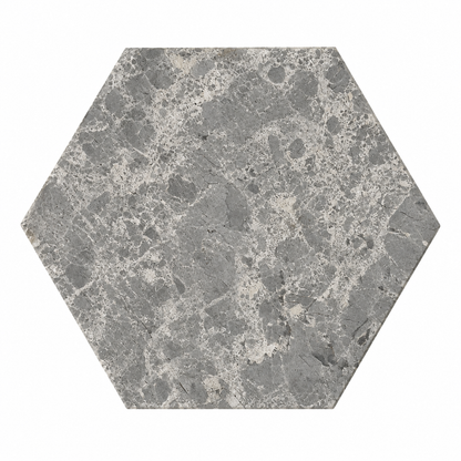 Silver Shadow Honed Hexagon Marble Wall & Floor Tiles: front view showing the natural stone face