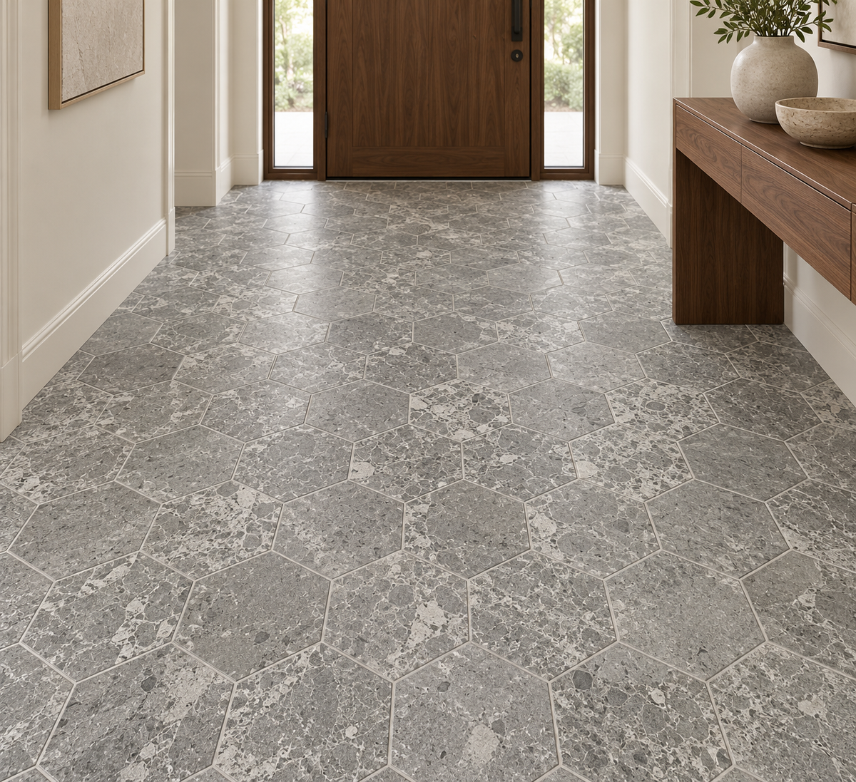 Silver Shadow Honed Hexagon Marble Wall & Floor Tiles: installed on an entrance hallway floor with visible tile joints