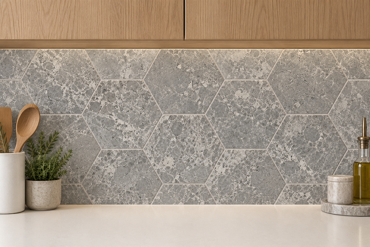 Silver Shadow Honed Hexagon Marble Wall & Floor Tiles: installed as a kitchen splashback with individual natural tile patterns
