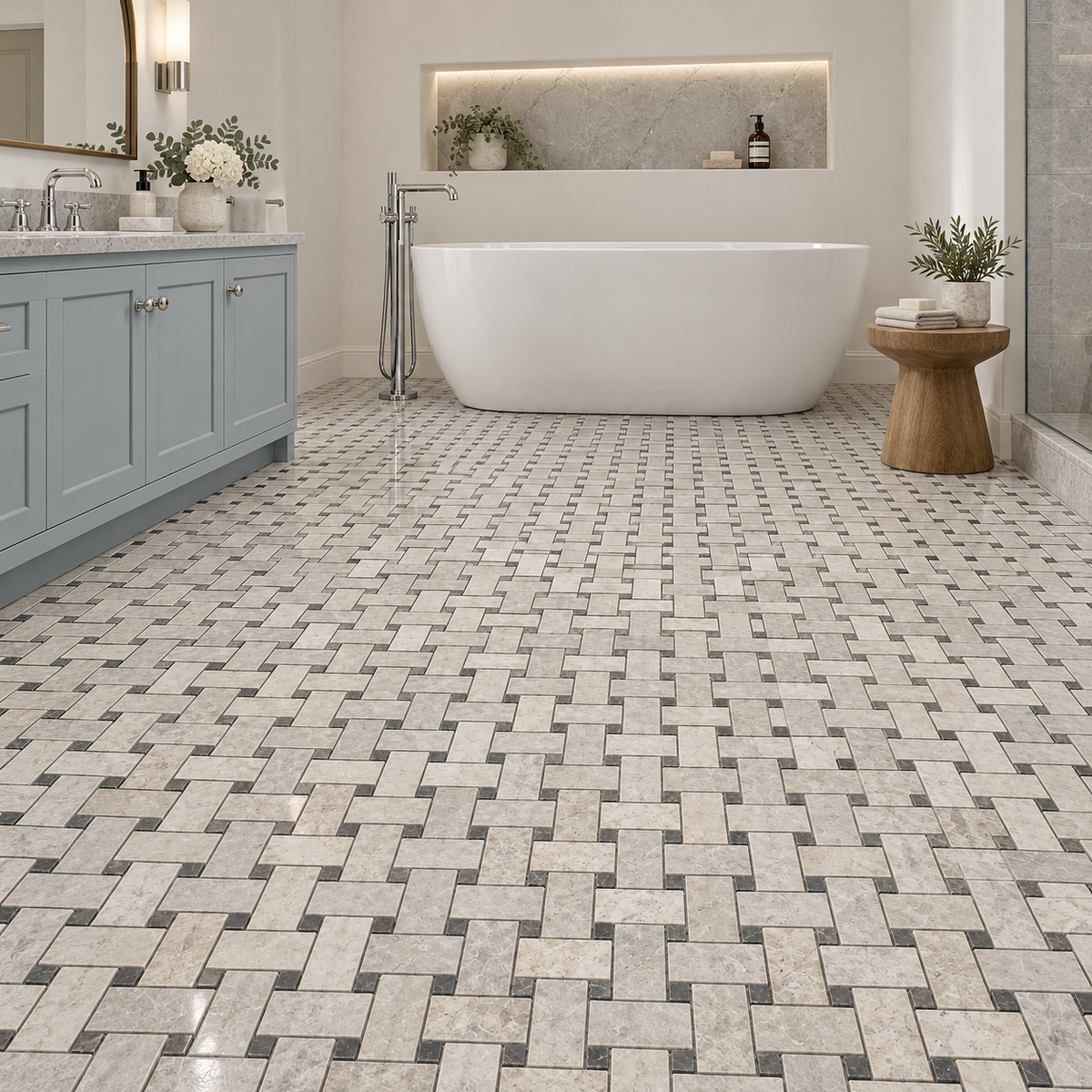 Silver Shadow Polished Marble Basket Weave Mosaic Tile — mosaic floor in a windowless bathroom