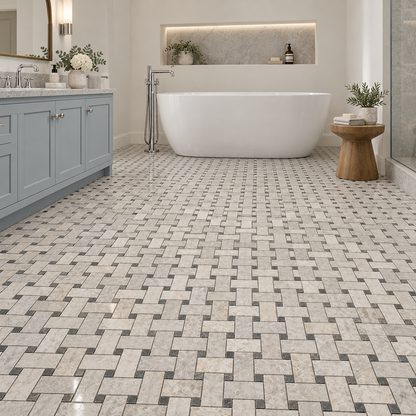 Silver Shadow Polished Marble Basket Weave Mosaic Tile — mosaic floor in a windowless bathroom