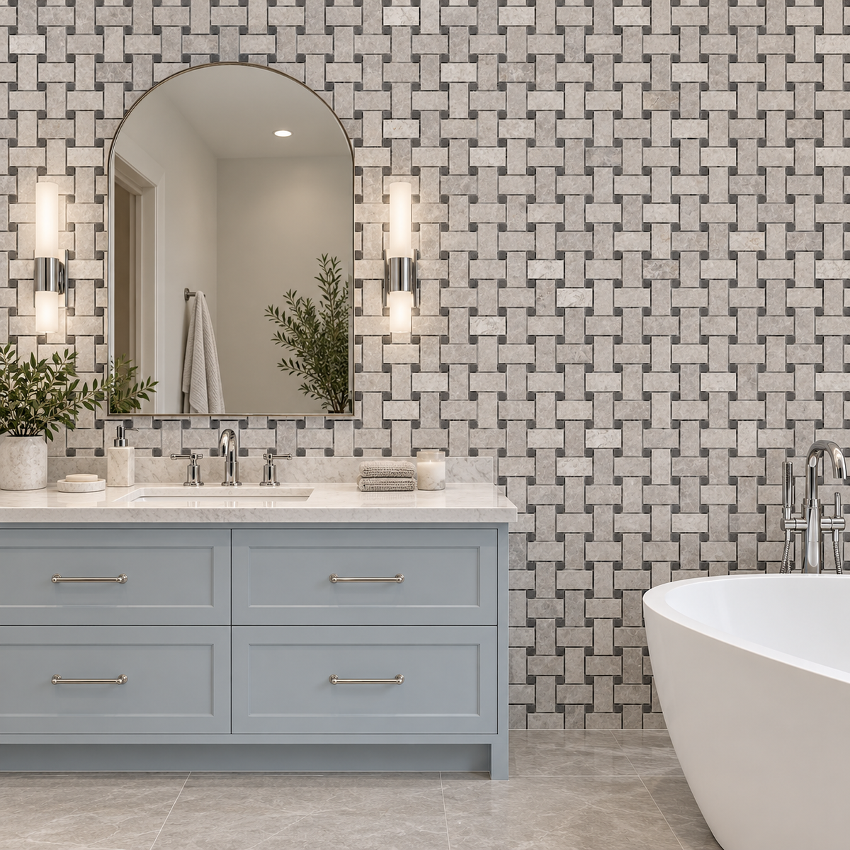 Silver Shadow Polished Marble Basket Weave Mosaic Tile — mosaic feature wall in a windowless bathroom