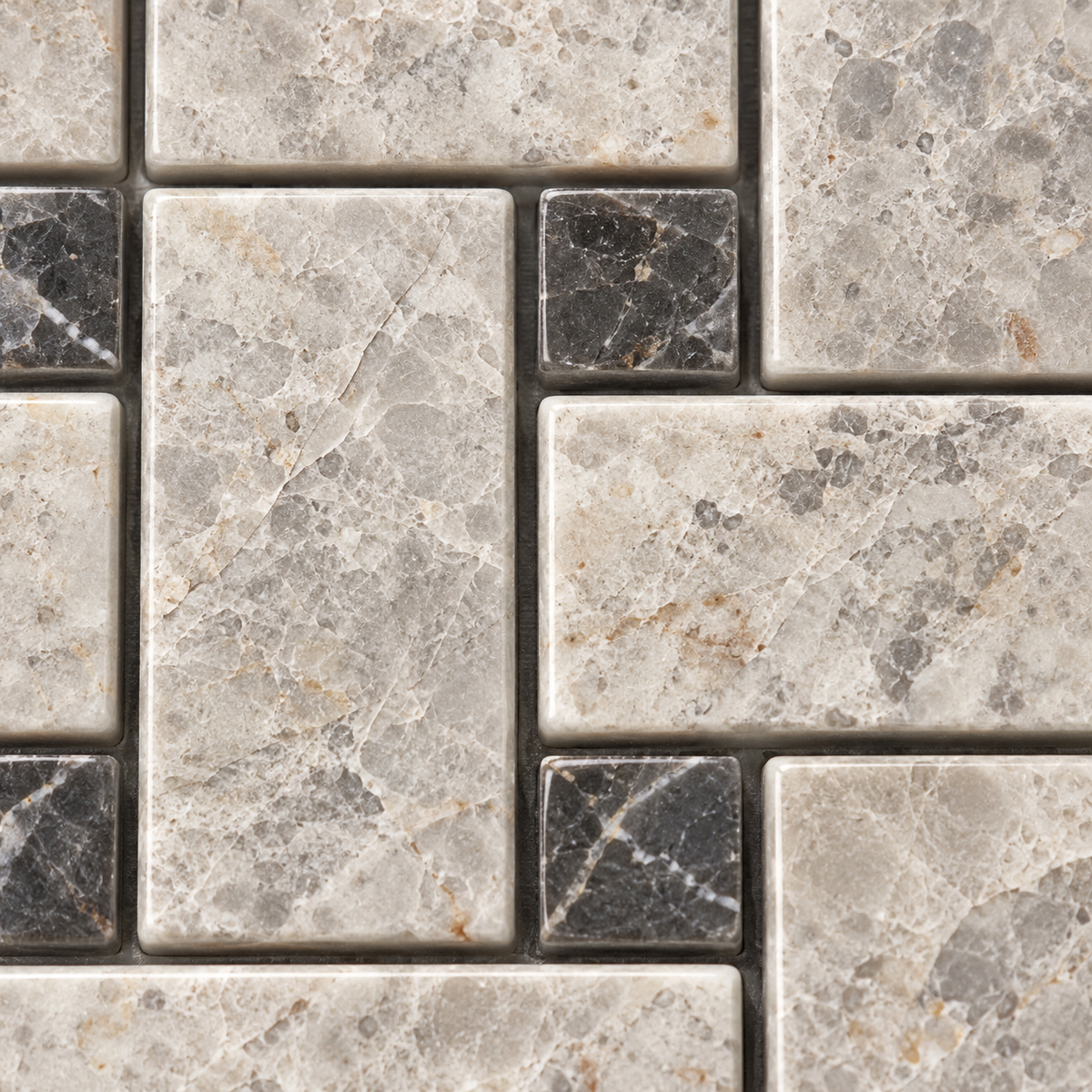 Silver Shadow Polished Marble Basket Weave Mosaic Tile — macro detail of natural stone texture and mosaic joints